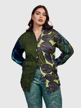 Alembika Judith Crinkle Mixed Print Button Down Shirt M